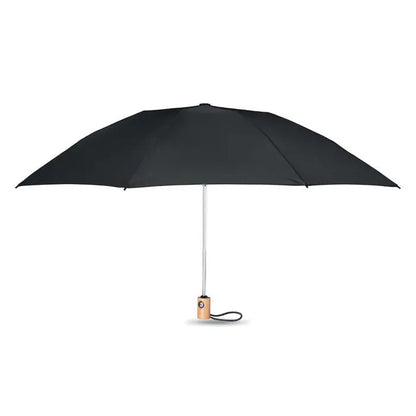 Umbrela de 23 inch 190t rpet neagra cu ax argintiu si maner de lemn deschis la culoare