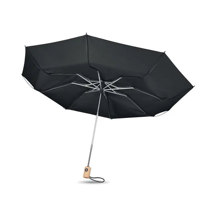 Umbrelă de 23 inch 190t rpet neagră compactă cu ramă metalică argintie și mâner din lemn