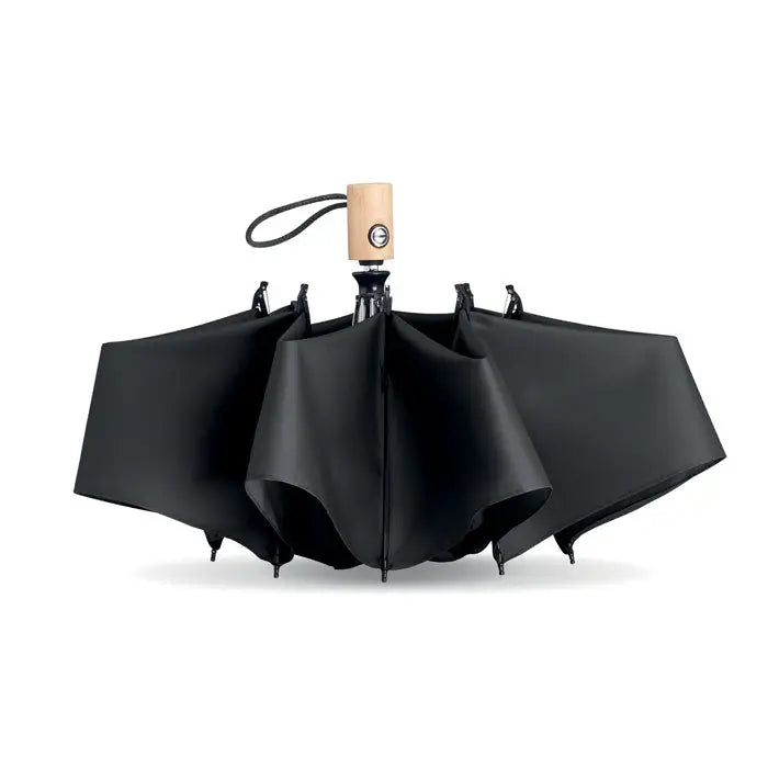 Umbrelă neagră de 23 inch cu mâner de lemn și canopy din 190t rpet pentru protecție împotriva ploii