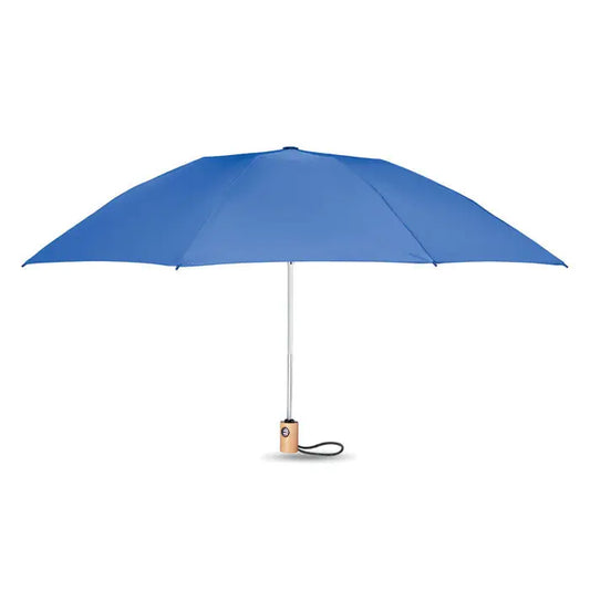 Umbrelă compactă albastră de 23 inch 190t rpet cu tija argintie și mâner natural din lemn