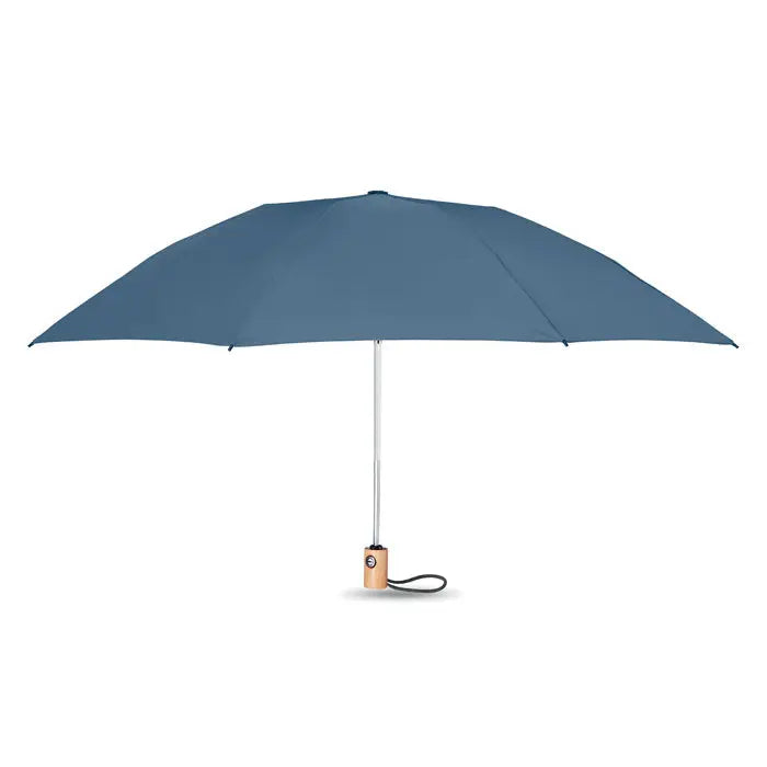 Umbrela de 23 inch 190t rpet compactă albastru închis cu tija argintie și mâner din lemn natural