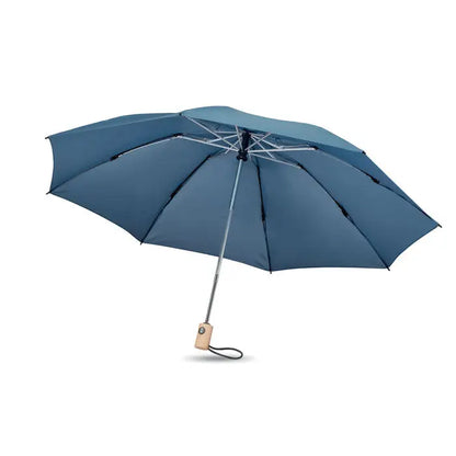 Umbrelă compactă de 23 inch 190t rpet albastru închis cu tijă metalică argintie și mâner texturat din lemn deschis