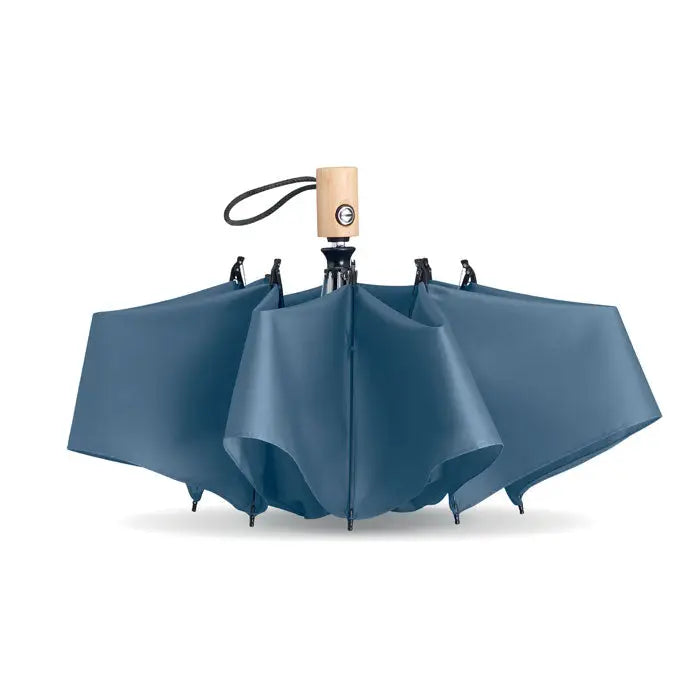 Umbrelă pliabilă de 23 inch navy blue cu mâner din lemn deschis și accente metalice negre din rp et