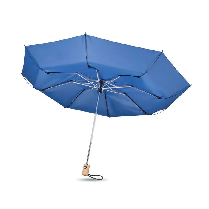 Umbrela de 23 inch 190t rpet compacta albastru vibrant cu tijă argintie și mâner texturat lemn deschis