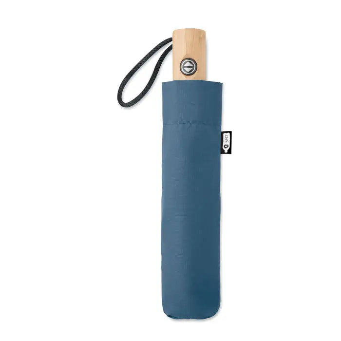 Umbrelă pliabilă de 23 inch 190t rpet compactă, albastru închis, mâner din lemn deschis și curea neagră din material textil