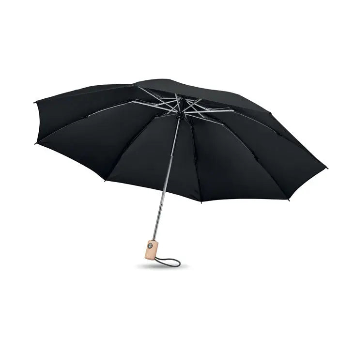Umbrela de 23 inch 190t rpet neagră pliabilă cu tijă metalică și mâner cu textură de lemn deschis