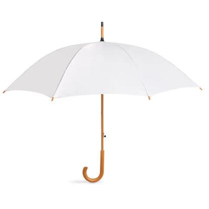 Umbrelă de 23 inch albă cu mâner curbat din lemn deschis la culoare