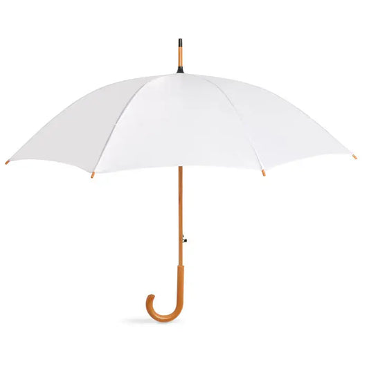 Umbrelă de 23 inch albă cu mâner curbat din lemn deschis la culoare