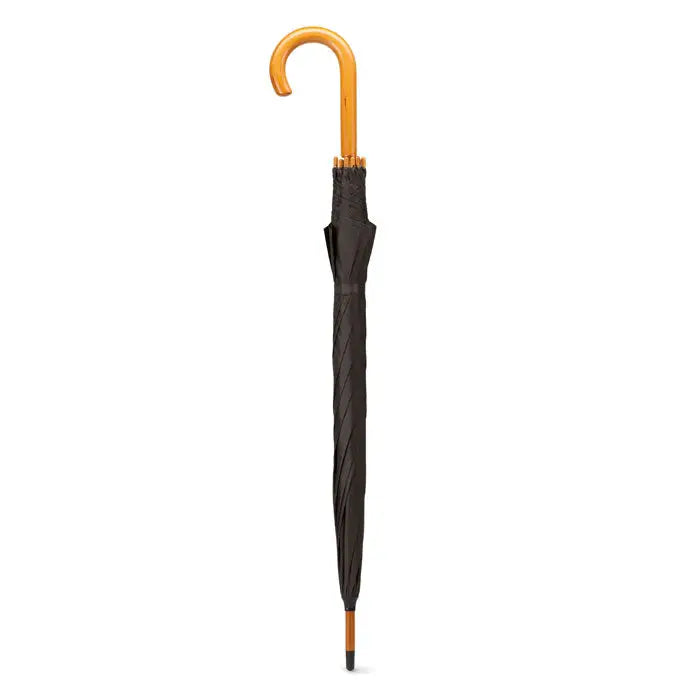 Umbrela de 23 inch neagra cu maner curbat din lemn si varf asortat