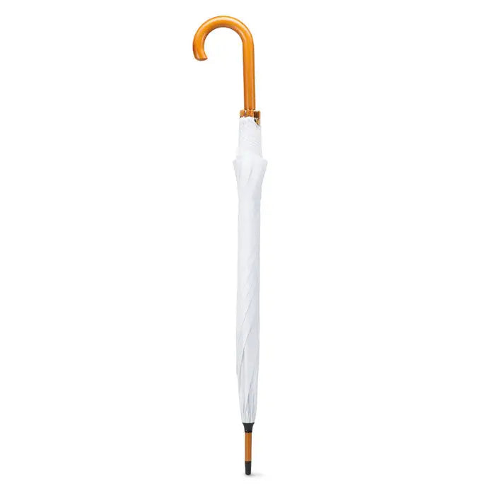 Umbrela de 23 inch alba eleganta cu maner curbat auriu lucios si dungi subtile diagonale pe material