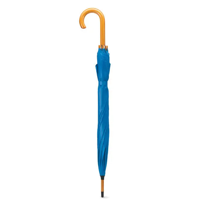Umbrelă de 23 inch vibrant albastră cu mâner curbat din lemn și accente aurii elegante