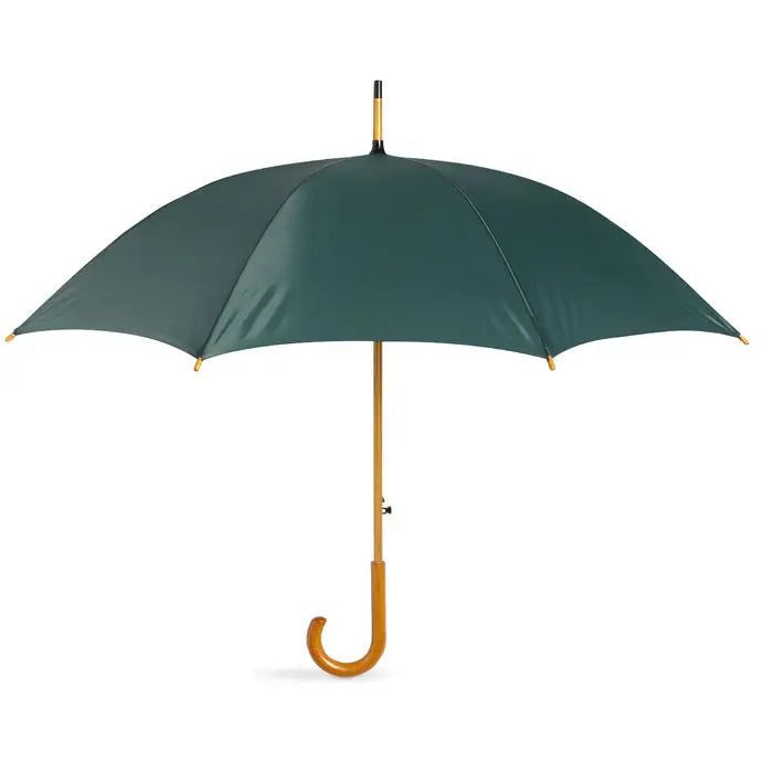 Umbrelă de 23 inch verde închis, deschisă complet, cu mâner din lemn lustruit și cârlig curbat