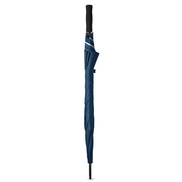 Umbrela de 27 inch navy blue cu mâner negru și margine argintie, ideală pentru ploaie și protecție