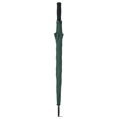 Umbrelă de 27 inch verde închis, complet strânsă, cu mâner și vârf negru, ideală pentru protecție la golf