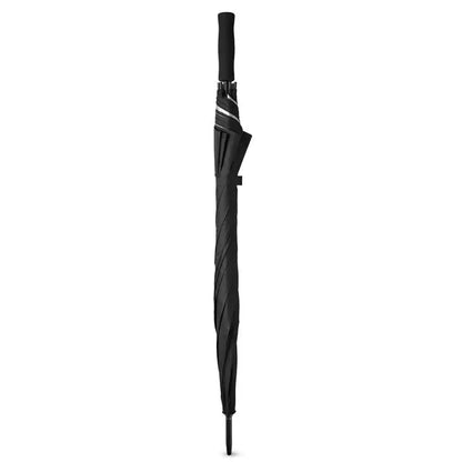 Umbrelă de 27 inch neagră cu design răsucit elegant și dungi albe subțiri lângă mâner
