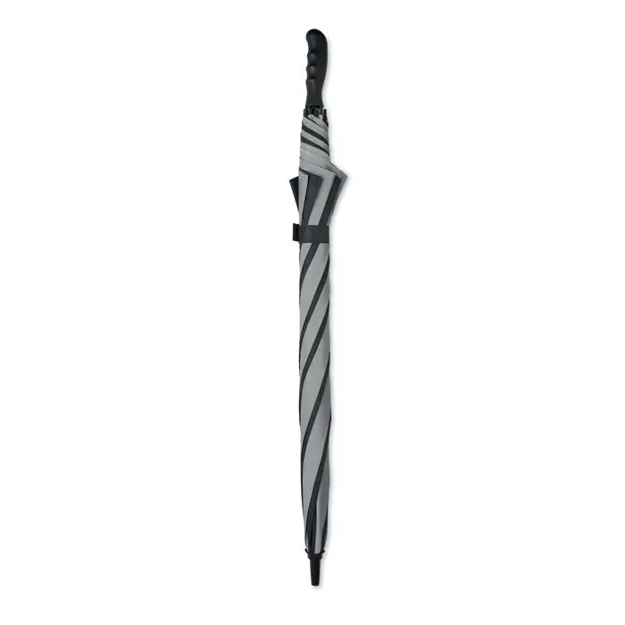 Umbrelă de 30 inch cu 4 panouri închise cu dungi diagonale gri și negre pe material textil modern