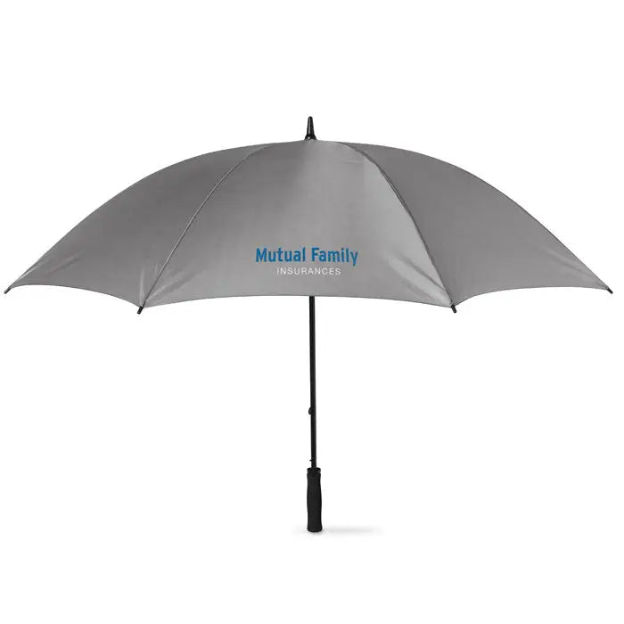 Umbrela de 30 inch gri cu mâner și tija negre, logo mutual family insurances albastru pe cupolă