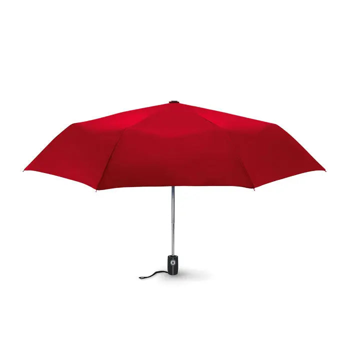 Umbrela de lux rezistenta la vant de 21 inch, compacta, rosie, cu ax argintiu si maner negru ergonomic