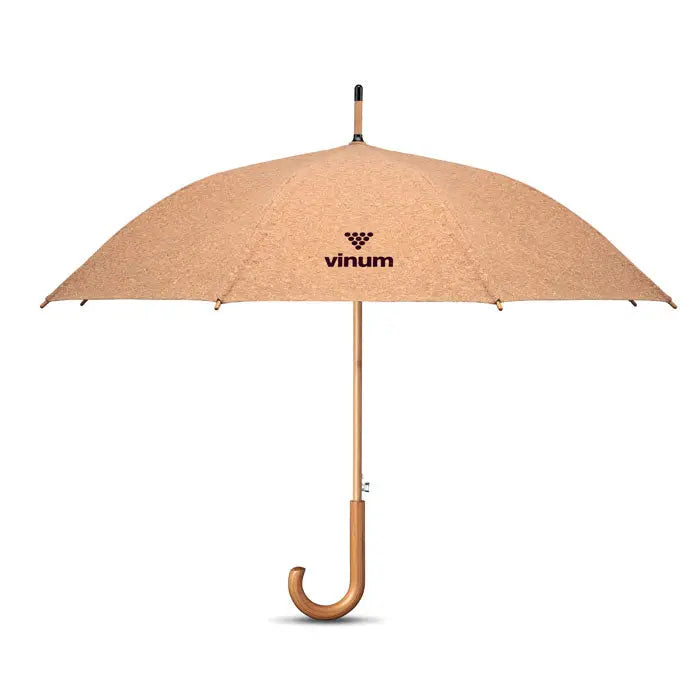 Umbrelă de pluta de 25 inch bej cu textură de plută și mâner și tijă din lemn deschis, cu logo vinum maro închis