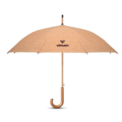 Umbrelă de pluta de 25 inch bej cu textură de plută și mâner și tijă din lemn deschis, cu logo vinum maro închis