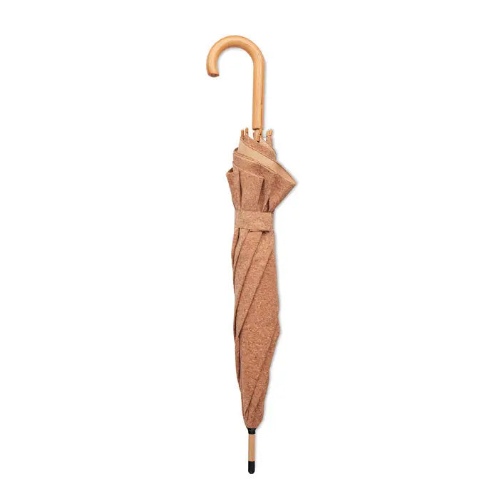 Umbrela de pluta de 25 inch compacta, culoare tan, textura de pluta, maner din lemn deschis si varf negru