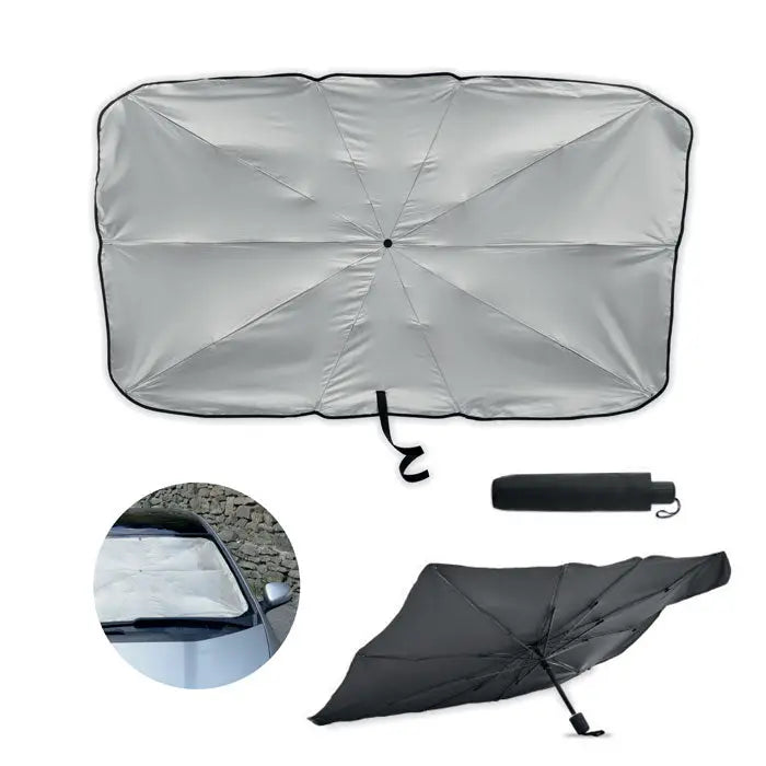 Umbrela de soare auto cu parasolar auto reflectorizant argintiu cu margine neagra si umbrela neagra portabila