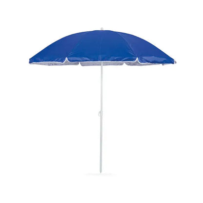 Umbrela de soare portabila albastru regal cu tija alba si margine scalloped pentru plaja