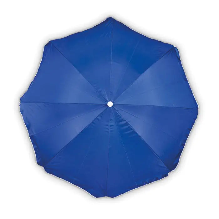 Umbrela de soare portabila albastru regal cu copertina lucioasa din material textil si centru alb robust