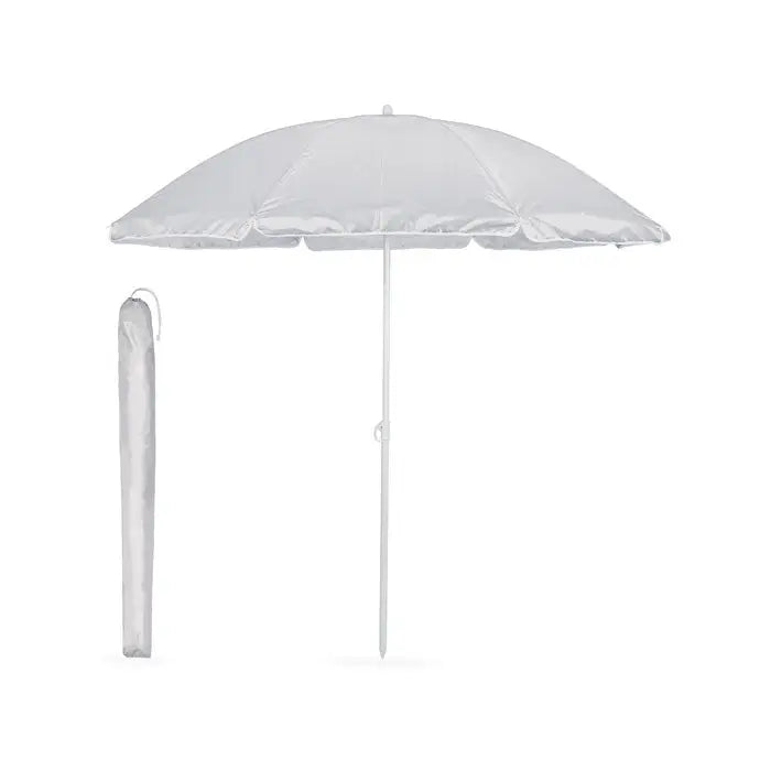 Umbrelă de soare portabilă albă cu husă pentru transport, ideală pentru protecție solară în aer liber