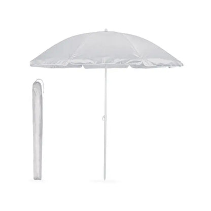 Umbrelă de soare portabilă albă cu husă pentru transport, ideală pentru protecție solară în aer liber