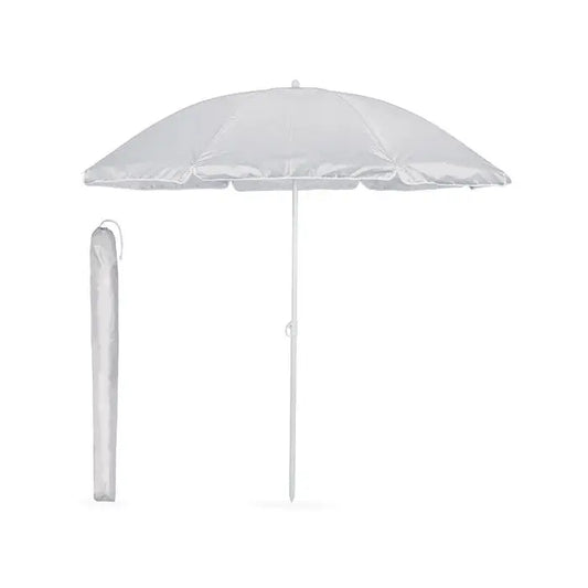 Umbrelă de soare portabilă albă cu husă pentru transport, ideală pentru protecție solară în aer liber