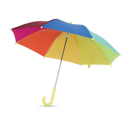 Umbrelă pentru copii de 18 inch cu mâner galben curbat și șaibă metalică, în culori vibrante curcubeu