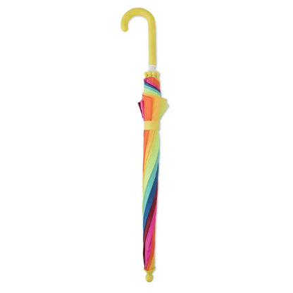 Umbrela pentru copii de 18 inch cu dungi vii in culorile curcubeului si maner galben curbat din plastic