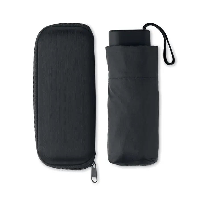 Umbrelă pliabilă compactă de 19 inch neagră cu curea pentru mână și husă din material textil asortată