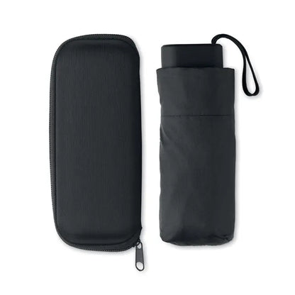 Umbrelă pliabilă compactă de 19 inch neagră cu curea pentru mână și husă din material textil asortată