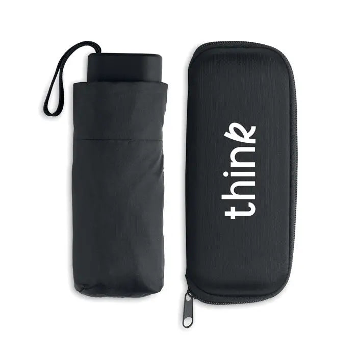 Umbrelă pliabilă de 19 inch neagră cu husă de transport cu fermoar și inscripția think albă