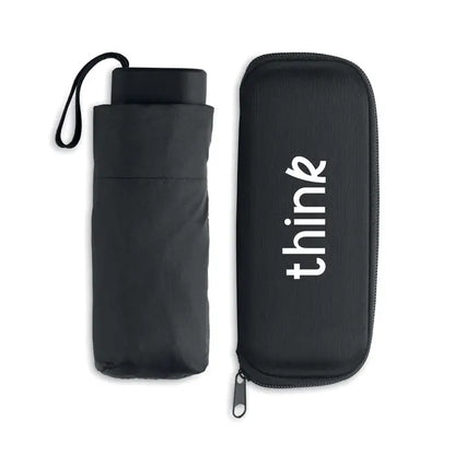 Umbrelă pliabilă de 19 inch neagră cu husă de transport cu fermoar și inscripția think albă
