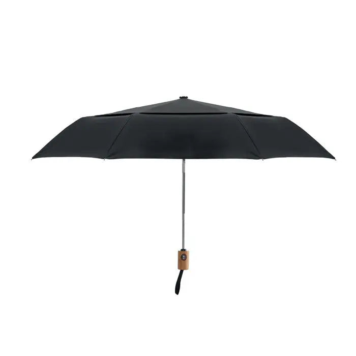 Umbrelă pliabilă de 21 inch neagră cu mâner de lemn și ax argintiu compactă pentru ploaie