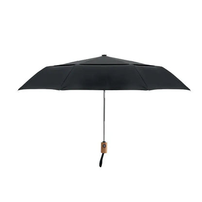 Umbrelă pliabilă de 21 inch neagră cu mâner de lemn și ax argintiu compactă pentru ploaie