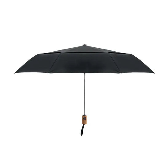 Umbrelă pliabilă de 21 inch neagră cu mâner de lemn și ax argintiu compactă pentru ploaie