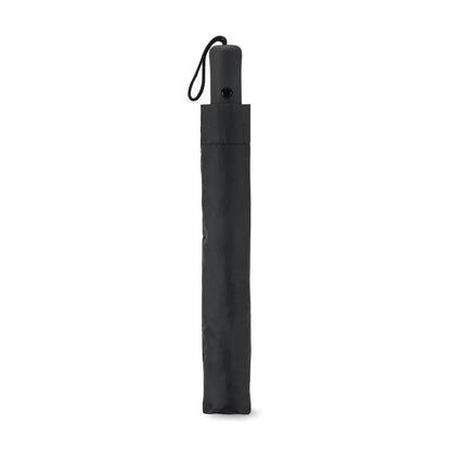 Umbrelă pliabilă de 21 inch neagră cu mâner mat și curea de transport pentru utilizare compactă și practică