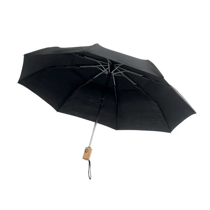 Umbrelă pliabilă de 21 inch neagră cu mâner de lemn și ax de argint compactă și ușor de folosit
