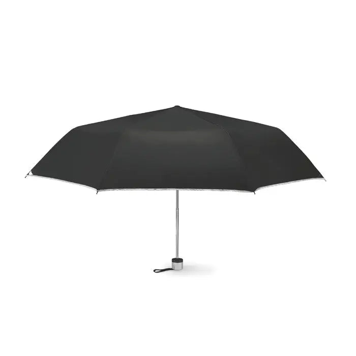 Umbrelă pliabilă de 21 inch neagră cu tijă și mâner argintiu din metal lucios compactă și elegantă