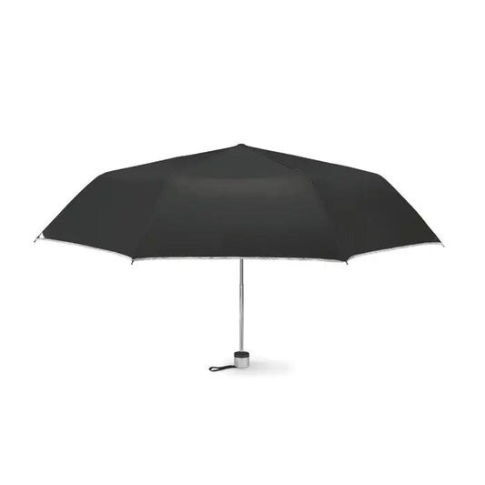 Umbrelă pliabilă de 21 inch neagră cu tijă și mâner argintiu din metal lucios compactă și elegantă
