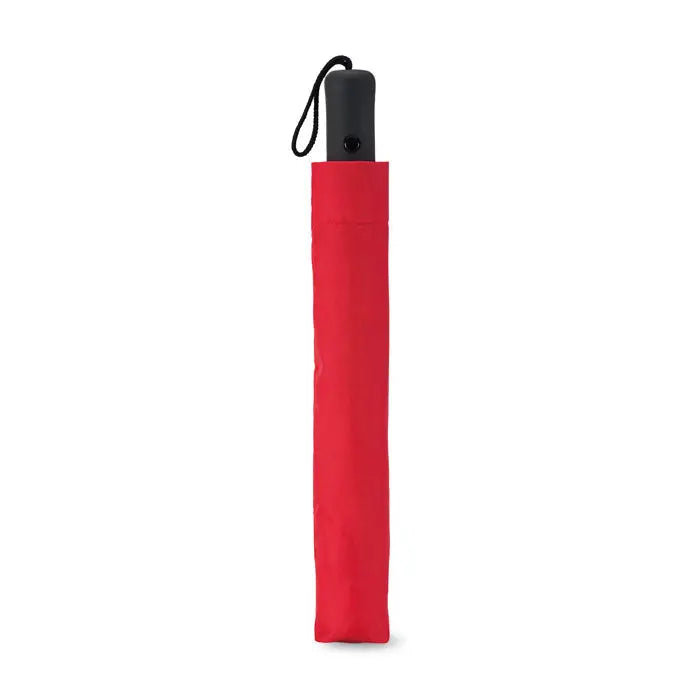 Umbrelă pliabilă de 21 inch roșie compactă cu mâner negru și curea pentru încheietură