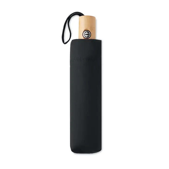 Umbrela pliabila de 21 inch cu maner din bambus, material negru si husa din tesatura neagra