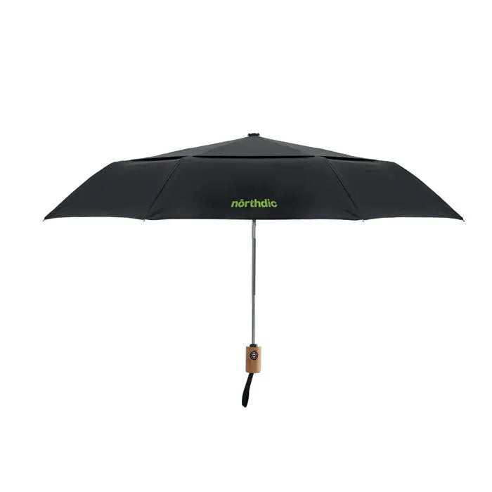 Umbrelă pliabilă de 21 inch neagră the north face cu mâner din lemn și logo verde