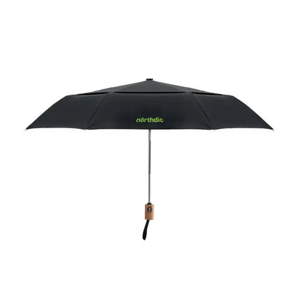Umbrelă pliabilă de 21 inch neagră the north face cu mâner din lemn și logo verde