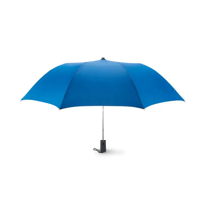 Umbrelă pliabilă de 21 inch albastră vibrantă, deschisă complet, cu mâner și ax negre elegante