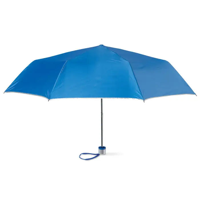 Umbrela pliabila de 21 inch albastra vibranta cu maner argintiu si bareta de fixare din tesatura